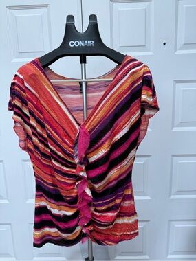 Rafaella Pink, Orange & Black Striped V-Neck Twist Front Top